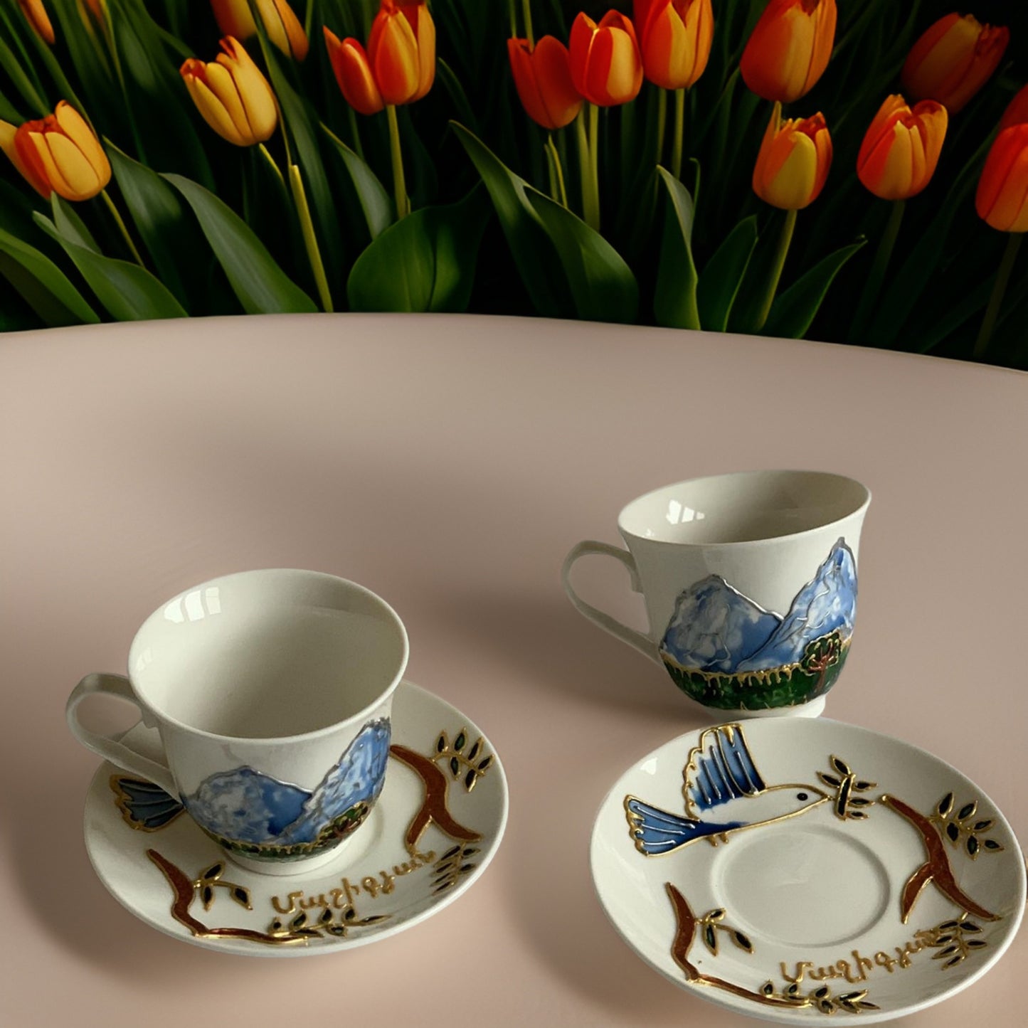 Set of 6 HAND-DRAWN Espresso Coffee Cup and Saucer Set - Armenian Wedding Gift - Ararat Mountain - Pomegranate - Armenian Girls