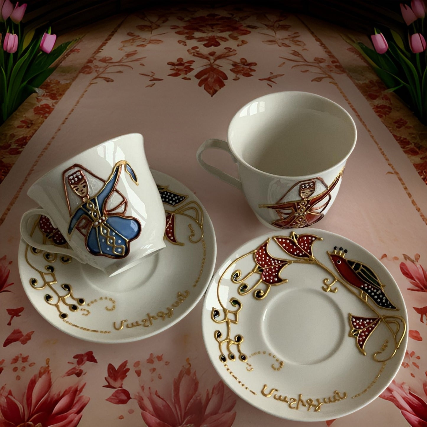 Set of 6 HAND-DRAWN Espresso Coffee Cup and Saucer Set - Armenian Wedding Gift - Ararat Mountain - Pomegranate - Armenian Girls