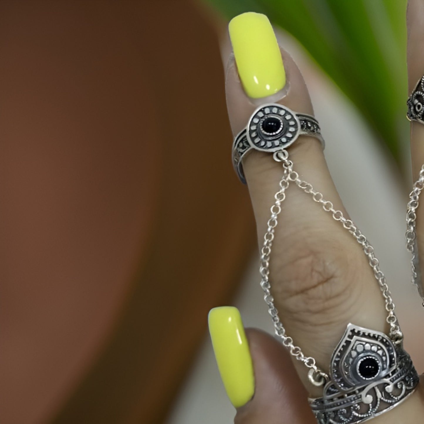 Medieval Mystique Sterling Silver Double Finger Chain Ring - Game of Thrones Bohemian Style and Viking Influence - Lord of the Rings
