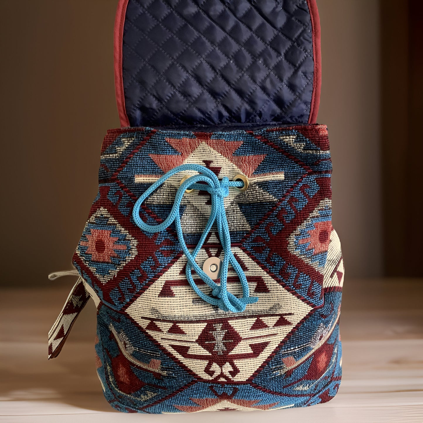 BLUE Armenian Bohemian Backpack: Ethnic Rug Tribal Purse with Authentic Armenian Motif, Ink Blue Armenian Gift, Armenian Taraz Backpack