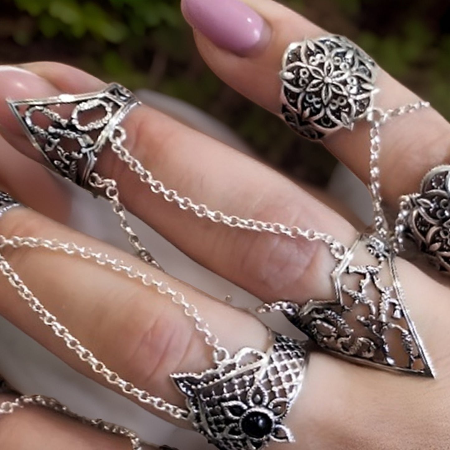 Armenian Adjustable Silver Double Finger Cocktail Party Chain Ring - Game of Thrones Style - Viking Influence - Lord of the Rings Inspired
