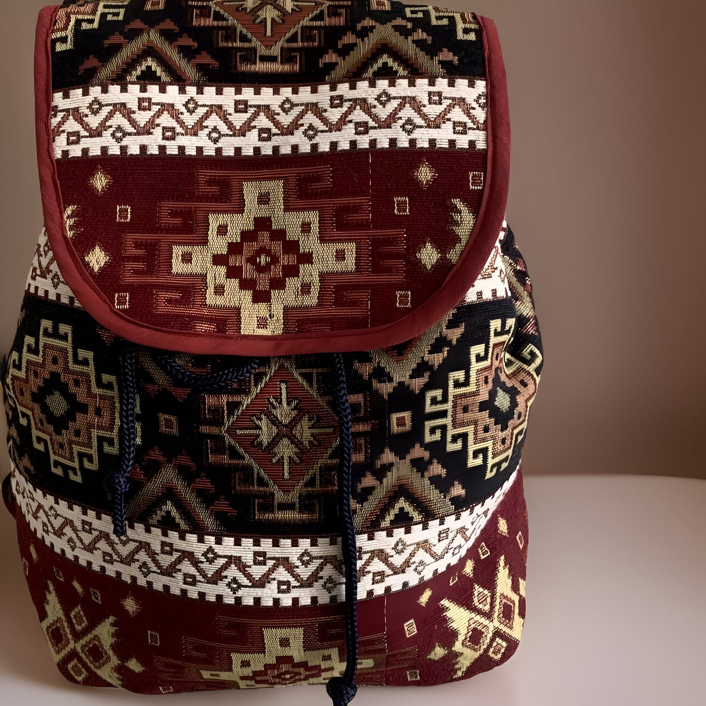 Stylish Dark Burgundy Rich Red Carpet Bag - Armenian Bohemian Backpack: Ethnic Rug Tribal Purse Armenian Motif - Authentic Armenian Gift