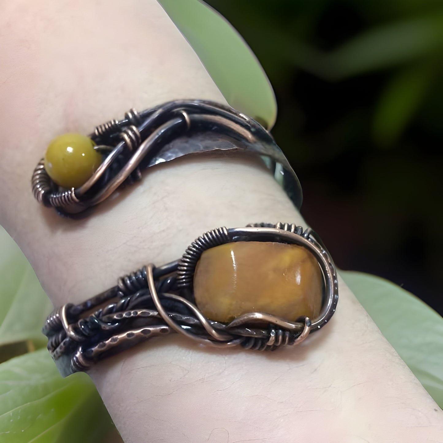 Healing Crystal Bracelet - Copper Wire Wrapped Cuff Wire Wrap Bangle Unisex Bracelet -Oxidized Copper Bangle Adjustable Cuff Bangle Bracelet