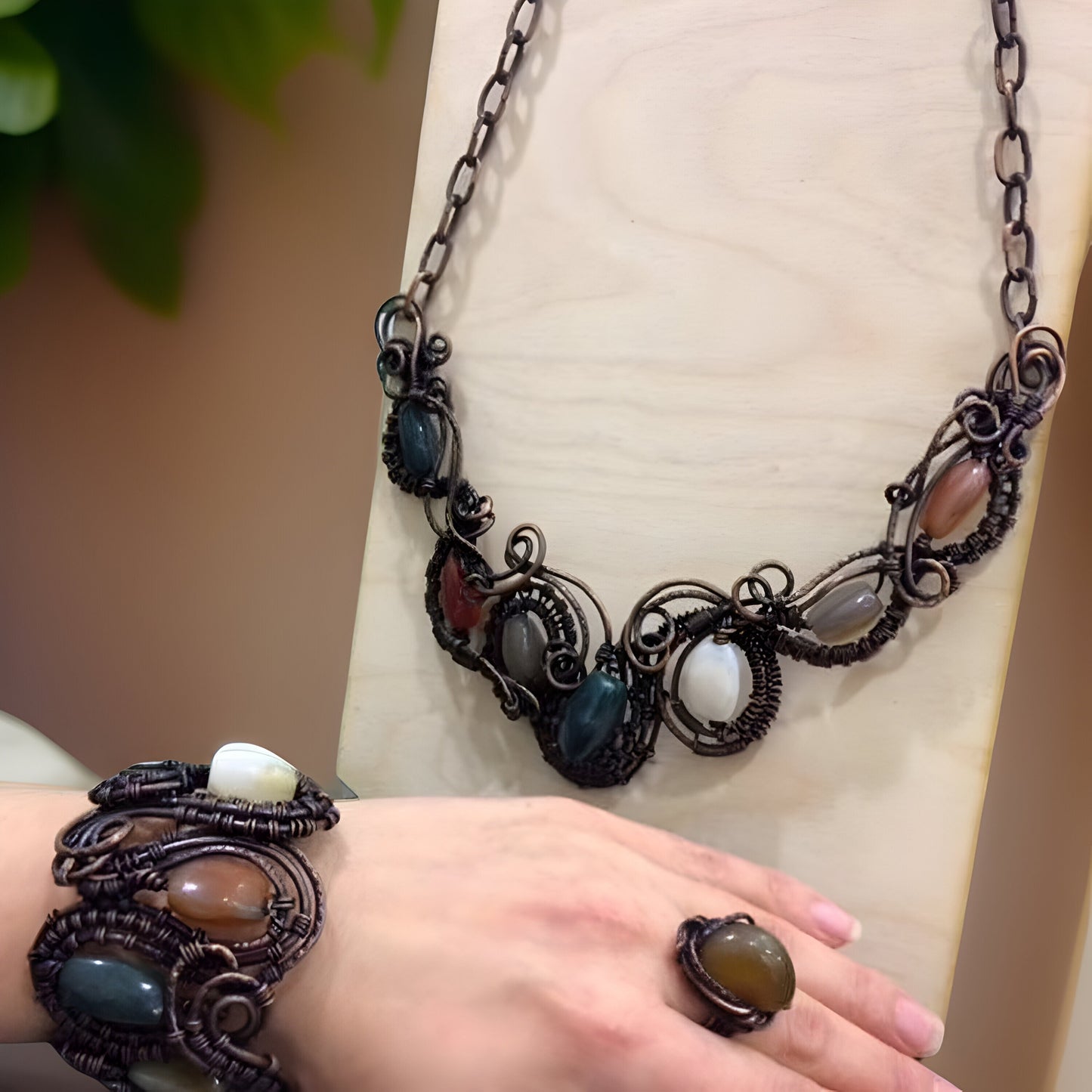 Crystal Healing Statement Set: Bib Necklace, Bracelet, and Cocktail Ring featuring Amethyst, Rose Quartz, Clear Quartz in Copper Wire Wrap