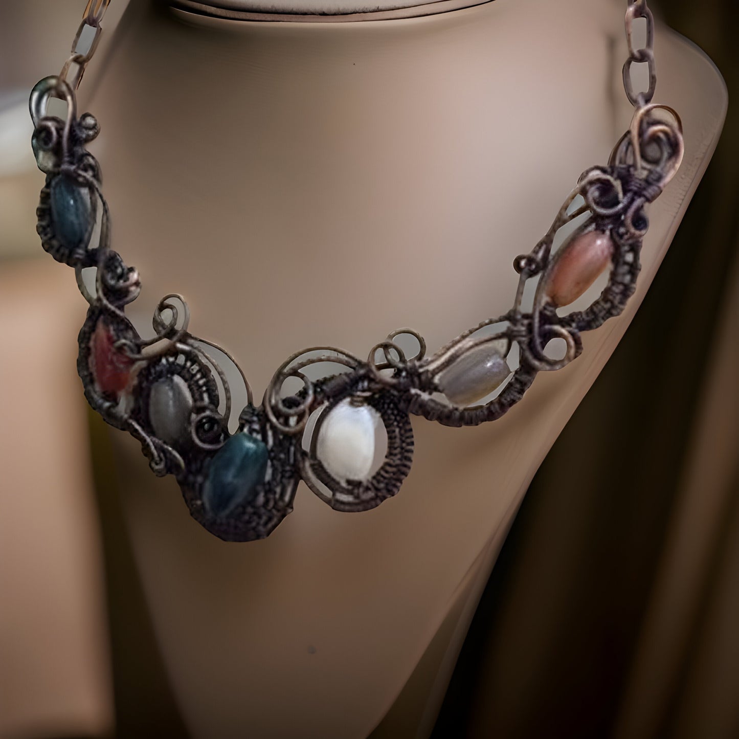 Crystal Healing Statement Set: Bib Necklace, Bracelet, and Cocktail Ring featuring Amethyst, Rose Quartz, Clear Quartz in Copper Wire Wrap