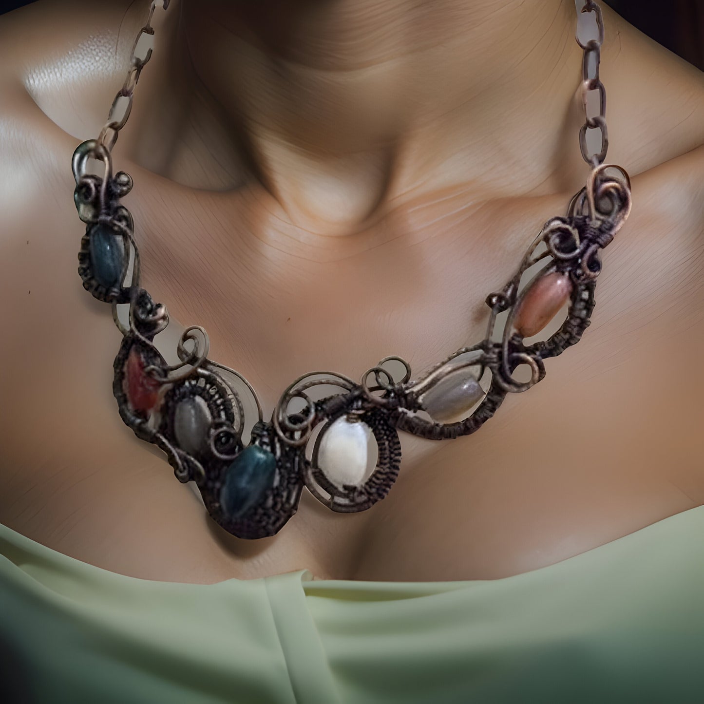 Crystal Healing Statement Set: Bib Necklace, Bracelet, and Cocktail Ring featuring Amethyst, Rose Quartz, Clear Quartz in Copper Wire Wrap