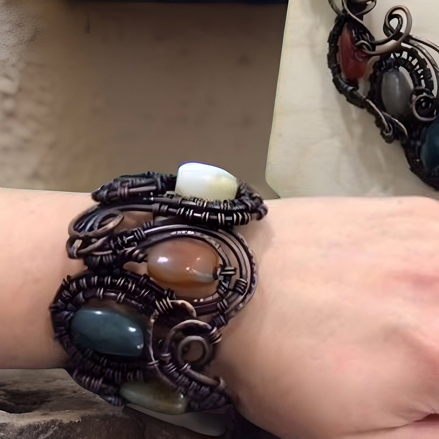 Crystal Healing Statement Set: Bib Necklace, Bracelet, and Cocktail Ring featuring Amethyst, Rose Quartz, Clear Quartz in Copper Wire Wrap