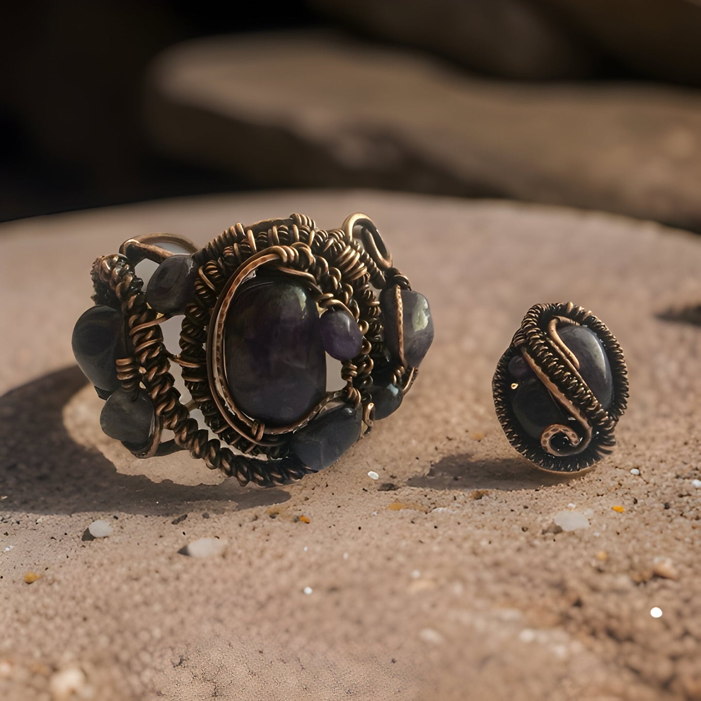 Midnight Blue Sodalite Fantasy Bracelet & Ring Set -Copper Wire-Wrapped Natural Healing Stone - Celestial Dreams Collection