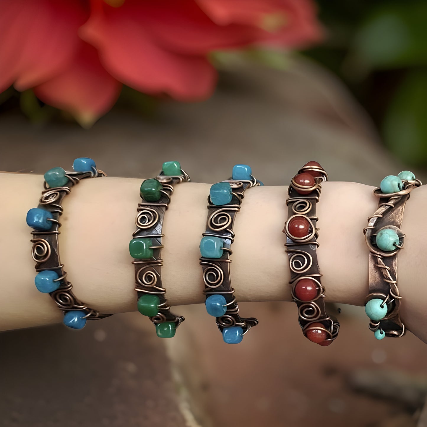 Nephrite Wire-Wrapped Woven Statement Bracelet - Armenian Handmade Gift for Her - Color Options - Artisan Jewelry - Boho Chic Accessory