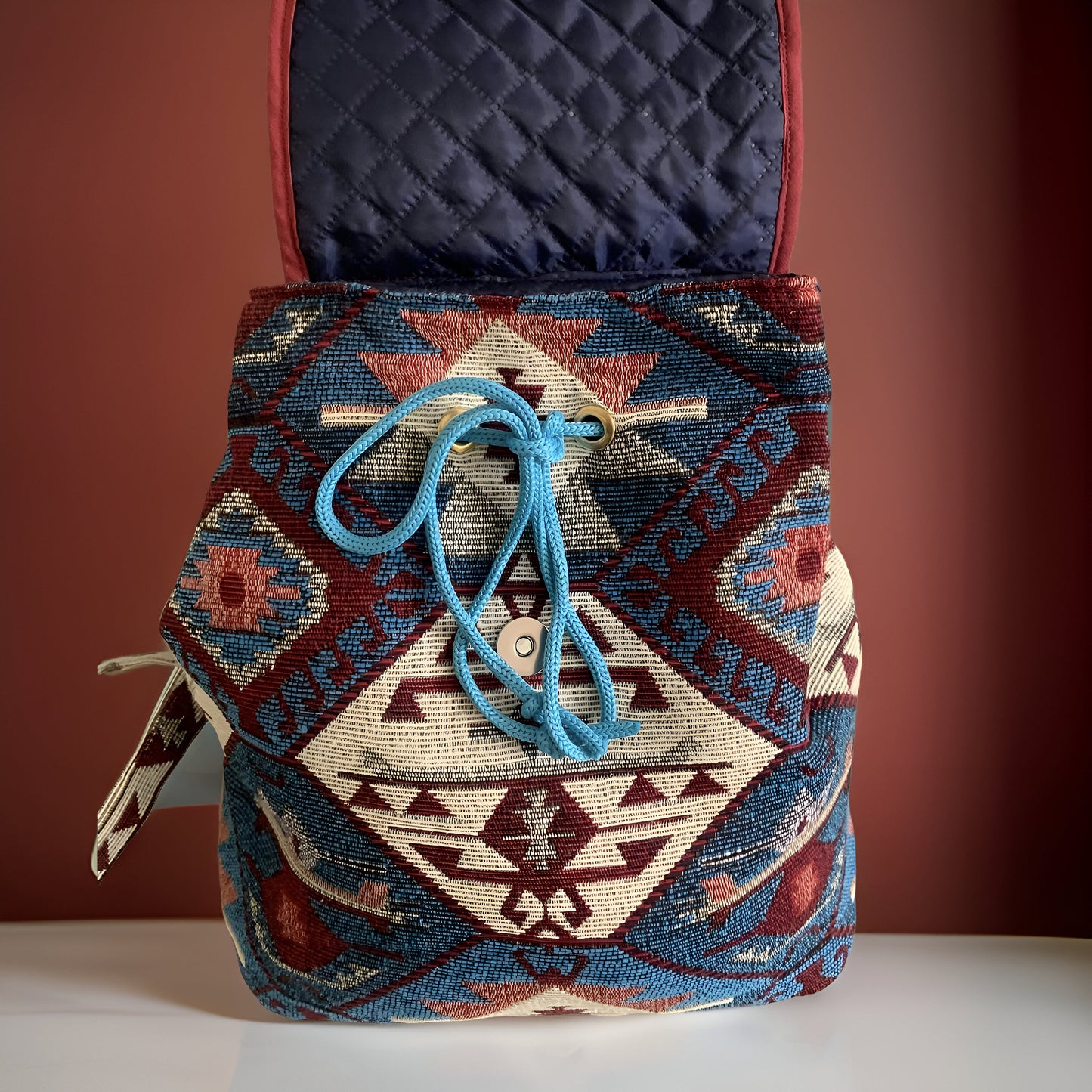 BLUE Armenian Bohemian Backpack: Ethnic Rug Tribal Purse with Authentic Armenian Motif, Ink Blue Armenian Gift, Armenian Taraz Backpack