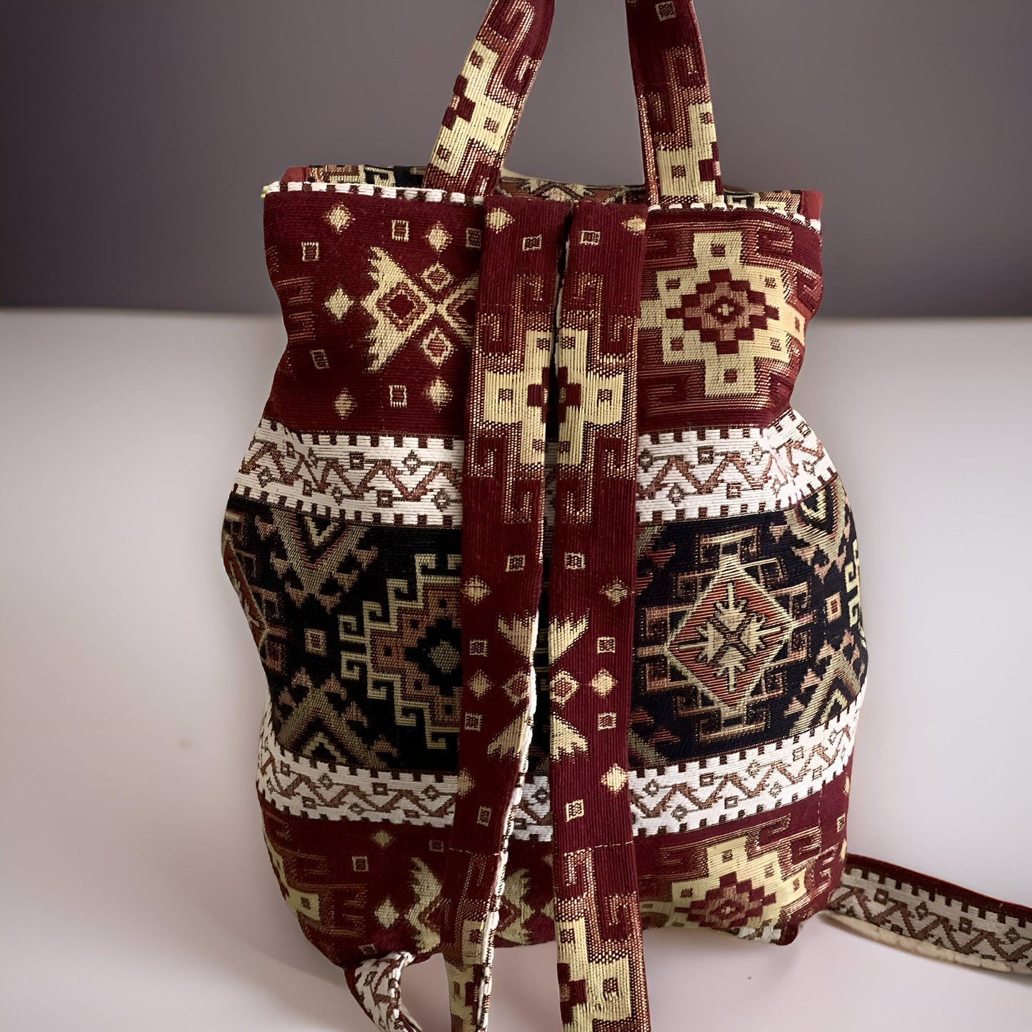 Stylish Dark Burgundy Rich Red Carpet Bag - Armenian Bohemian Backpack: Ethnic Rug Tribal Purse Armenian Motif - Authentic Armenian Gift
