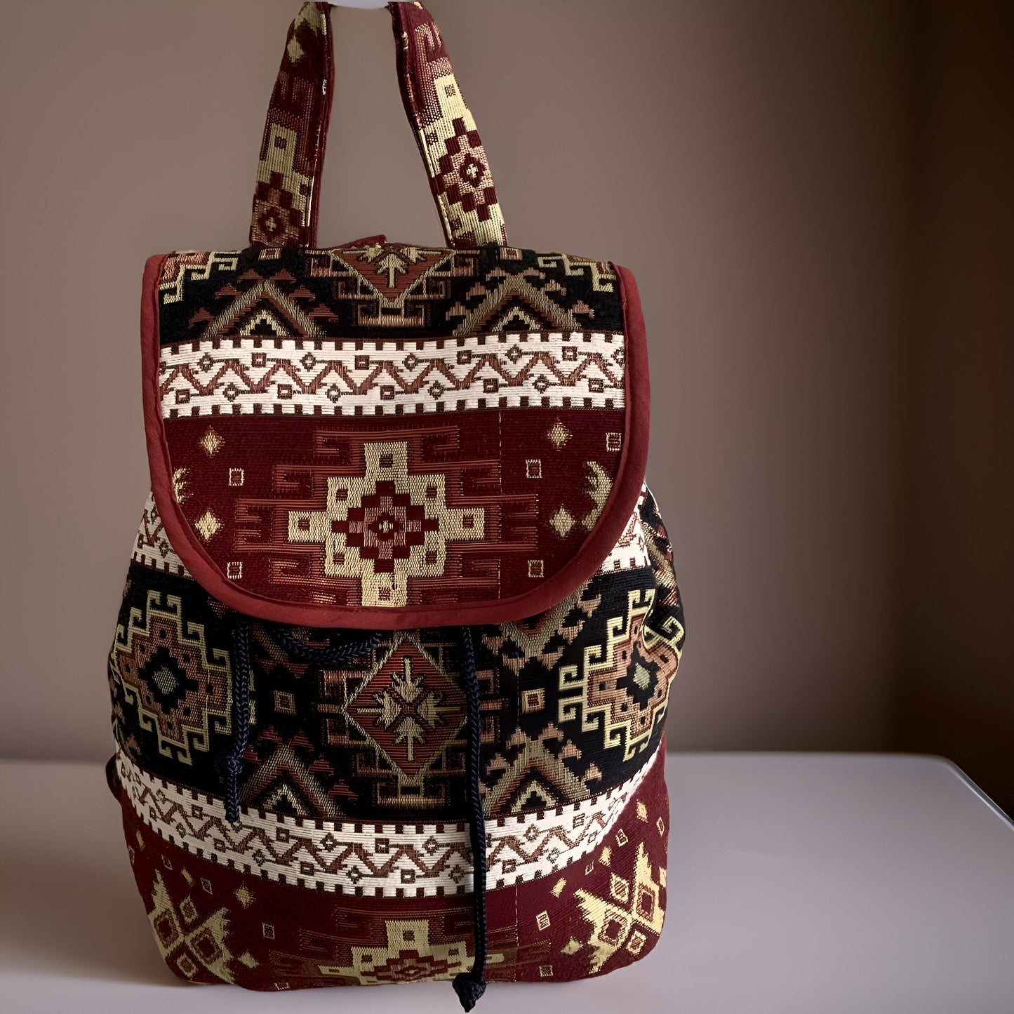 Stylish Dark Burgundy Rich Red Carpet Bag - Armenian Bohemian Backpack: Ethnic Rug Tribal Purse Armenian Motif - Authentic Armenian Gift