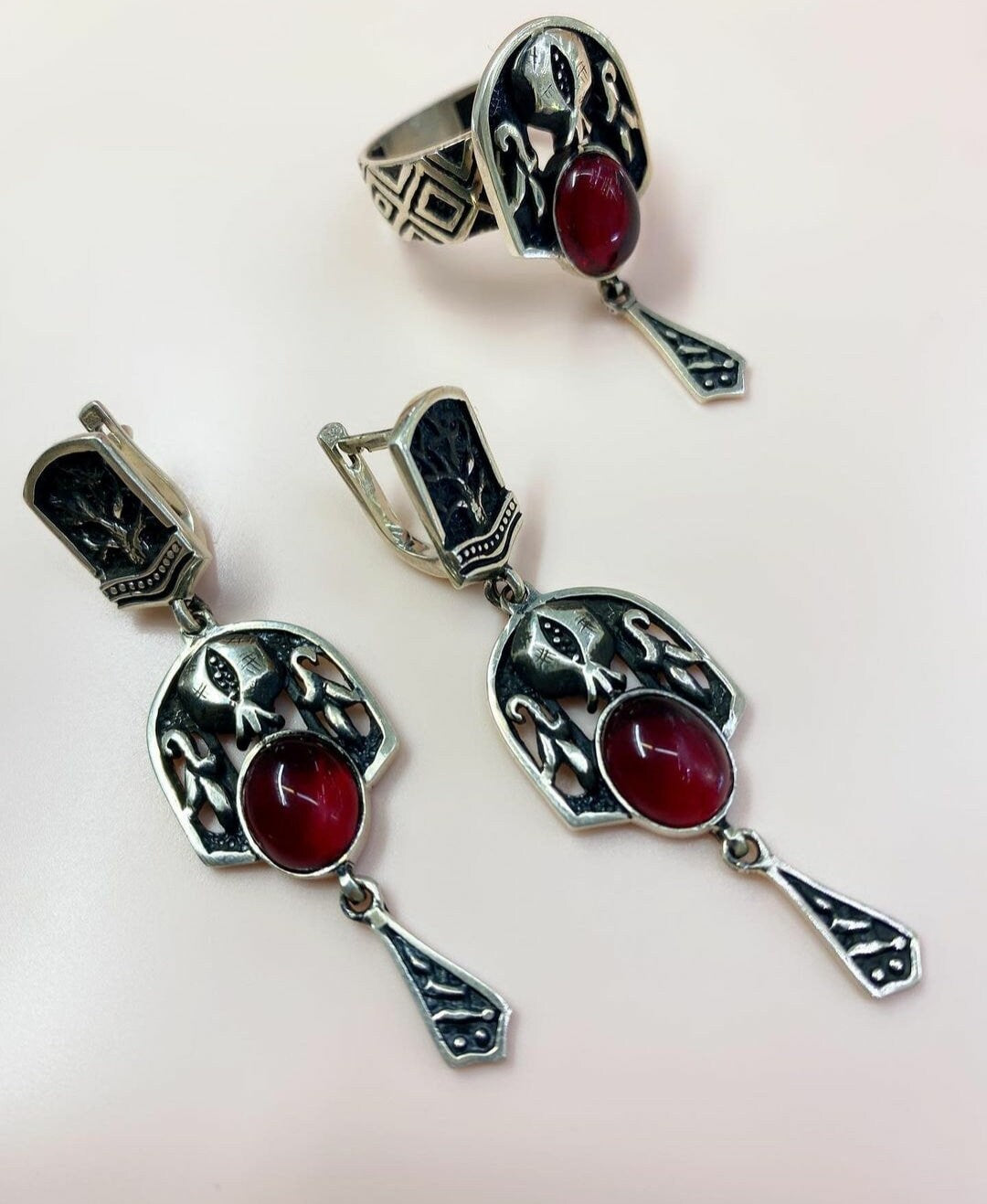 Armenian Sterling Silver Pomegranate Jewelry Set - Earrings and Ring - Medieval Inspired - Game of Thrones Lord of the Rings - Gift for Her