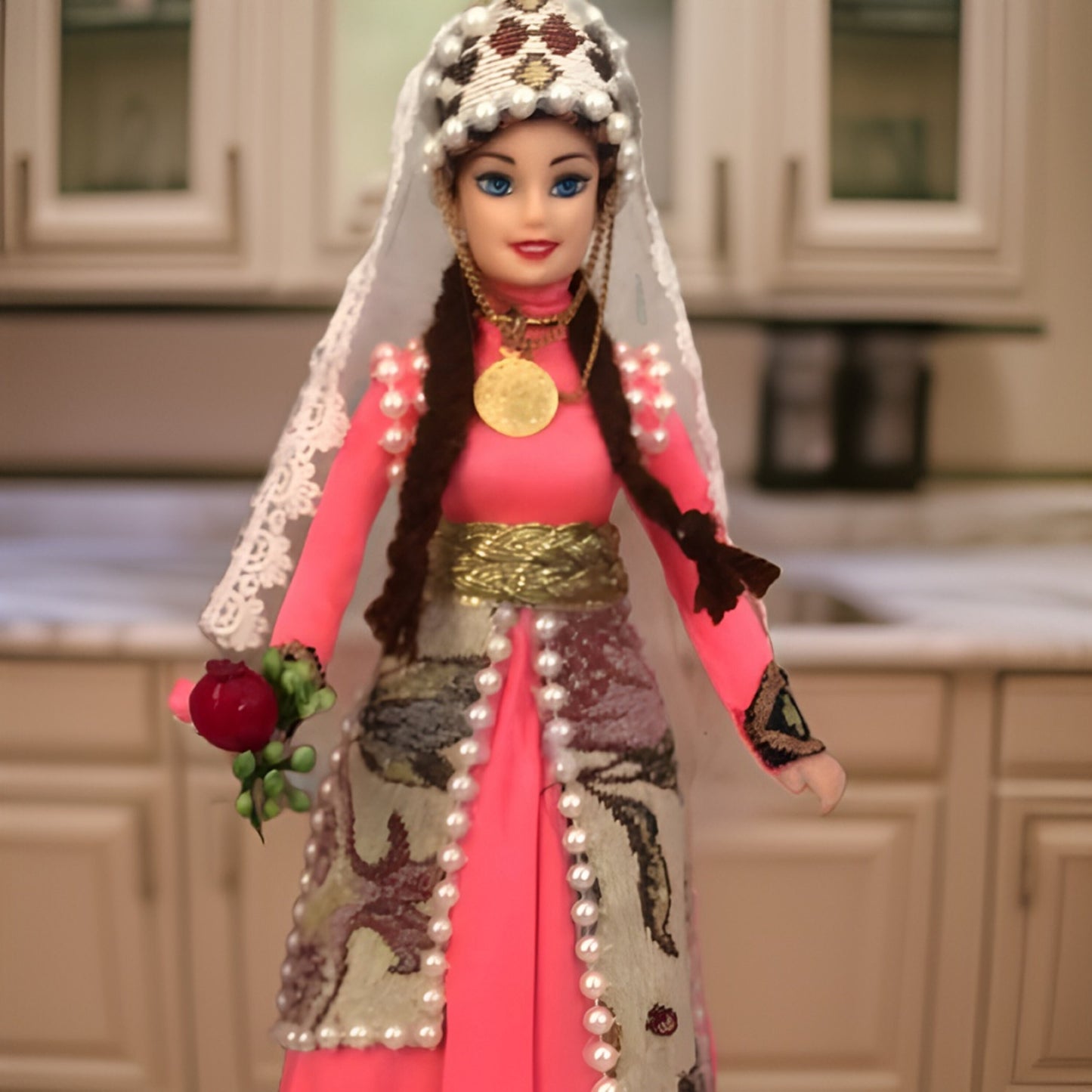 Armenian National Doll with Authentic Coral Taraz (national dress), Ornate Pendant Necklace Centerpiece, and Armenian Symbols and Motifs