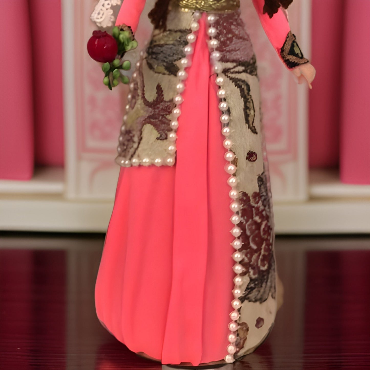 Armenian National Doll with Authentic Coral Taraz (national dress), Ornate Pendant Necklace Centerpiece, and Armenian Symbols and Motifs