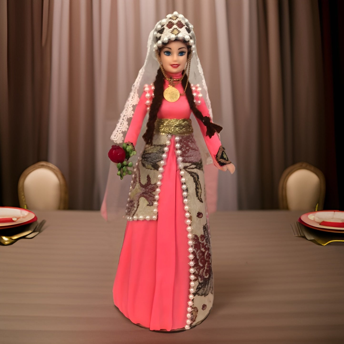 Armenian National Doll with Authentic Coral Taraz (national dress), Ornate Pendant Necklace Centerpiece, and Armenian Symbols and Motifs