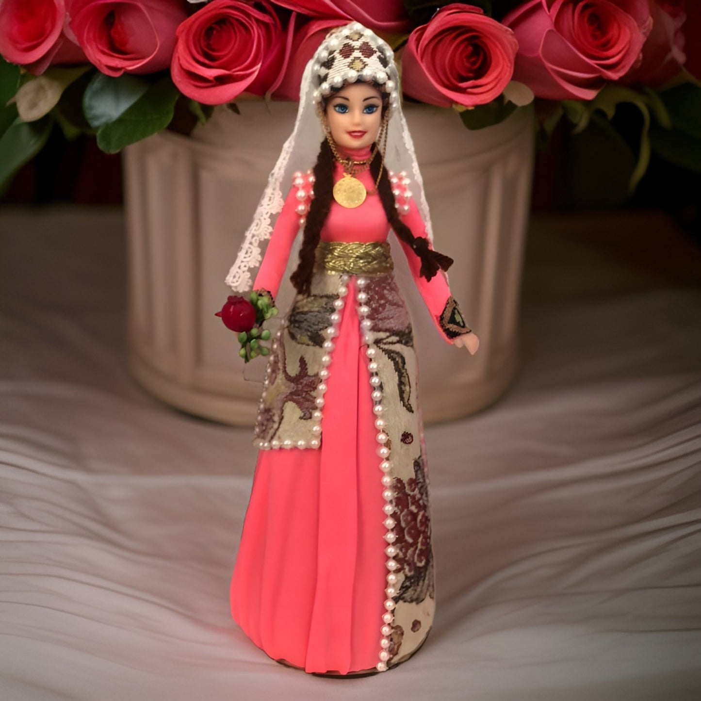 Armenian National Doll with Authentic Coral Taraz (national dress), Ornate Pendant Necklace Centerpiece, and Armenian Symbols and Motifs