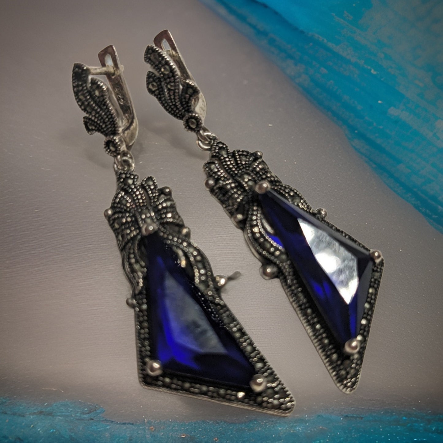Midnight Blue and Royal Blue Sterling Silver Lace Ring and Earring Set - Medieval Royalty Jewelry - Armenian Silver Bow Queenly Set
