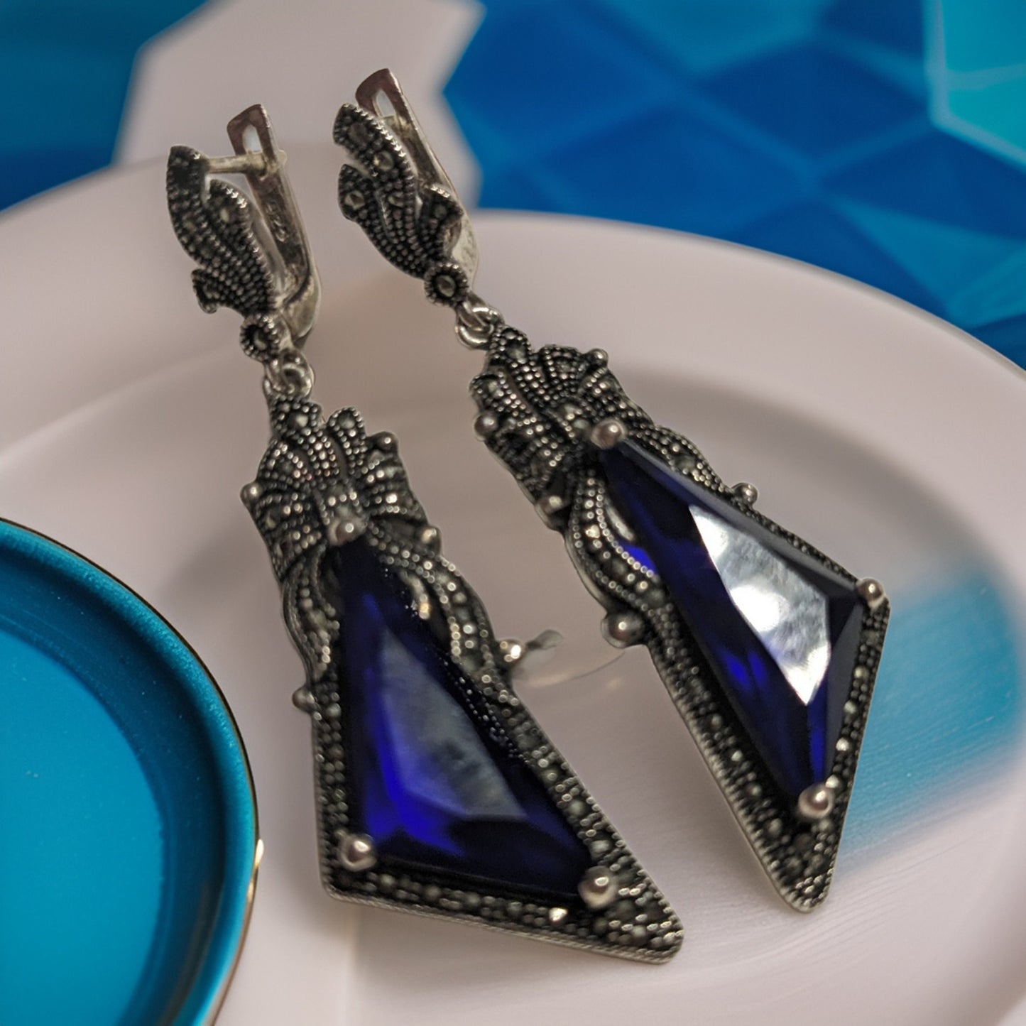 Midnight Blue and Royal Blue Sterling Silver Lace Ring and Earring Set - Medieval Royalty Jewelry - Armenian Silver Bow Queenly Set