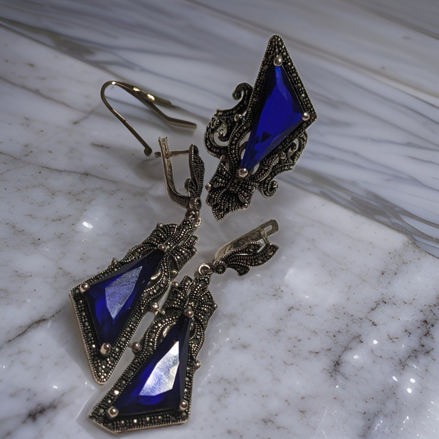 Midnight Blue and Royal Blue Sterling Silver Lace Ring and Earring Set - Medieval Royalty Jewelry - Armenian Silver Bow Queenly Set