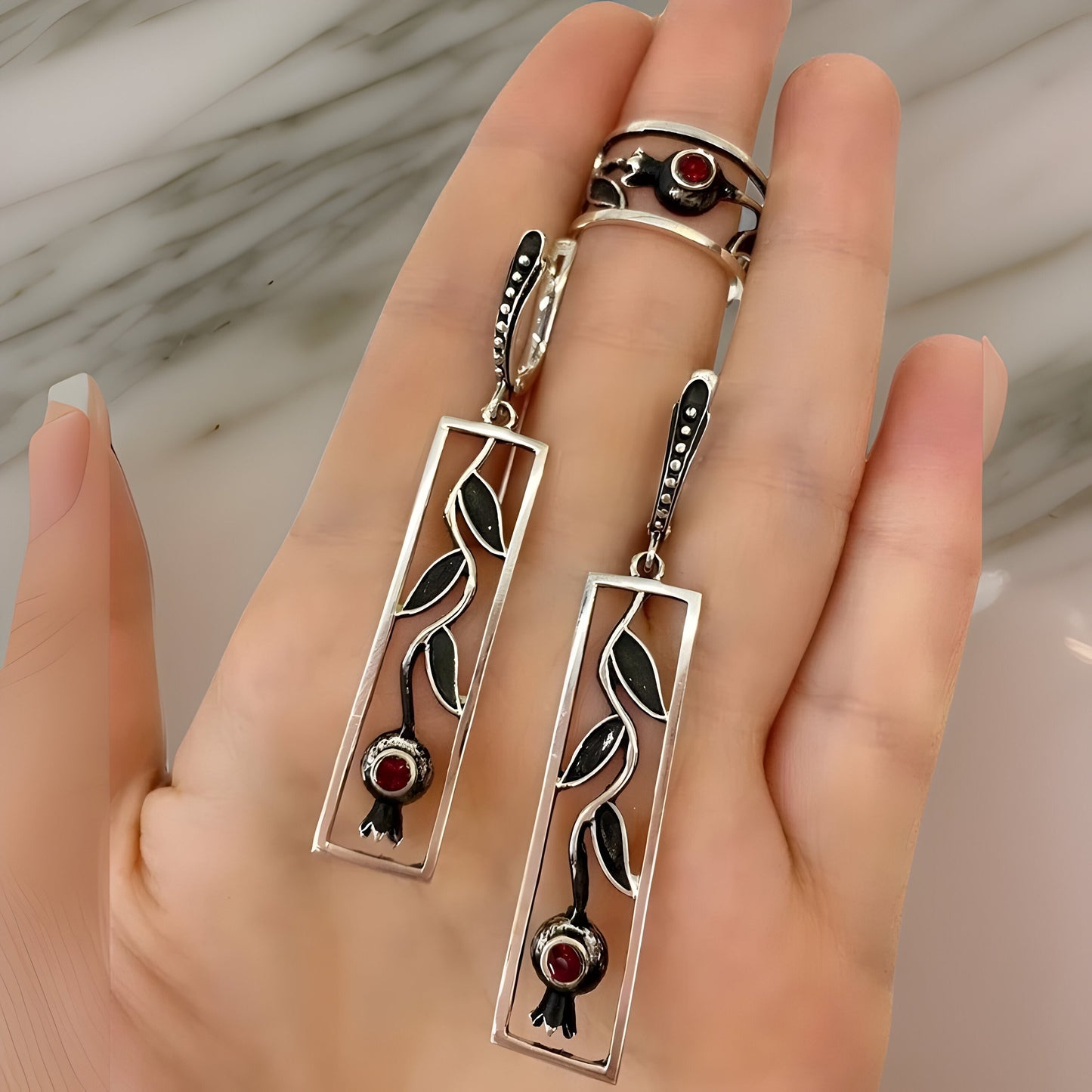 Armenian Pomegranate Sterling Silver Jewelry Set - Pomegranate Earrings, Pomegranate Ring - Armenian Gift - Handcrafted Pomegranate Jewelry