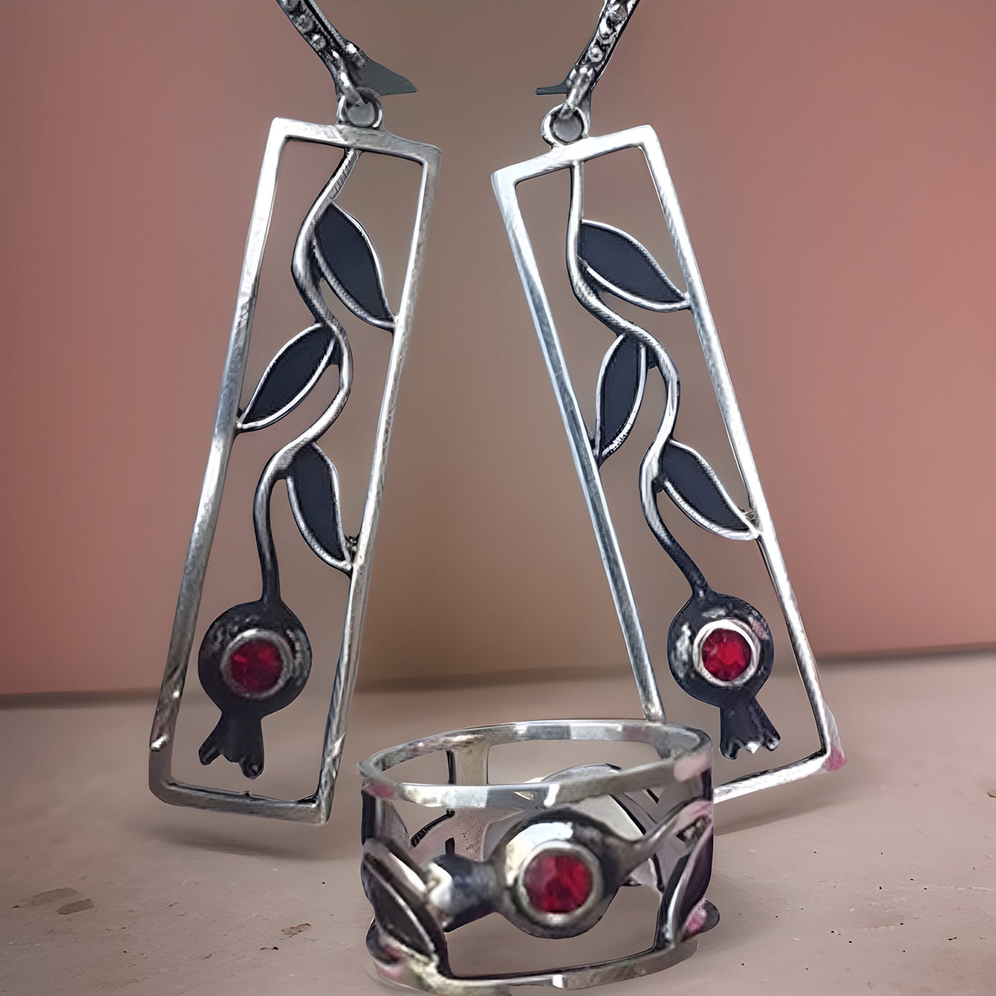 Armenian Pomegranate Sterling Silver Jewelry Set - Pomegranate Earrings, Pomegranate Ring - Armenian Gift - Handcrafted Pomegranate Jewelry