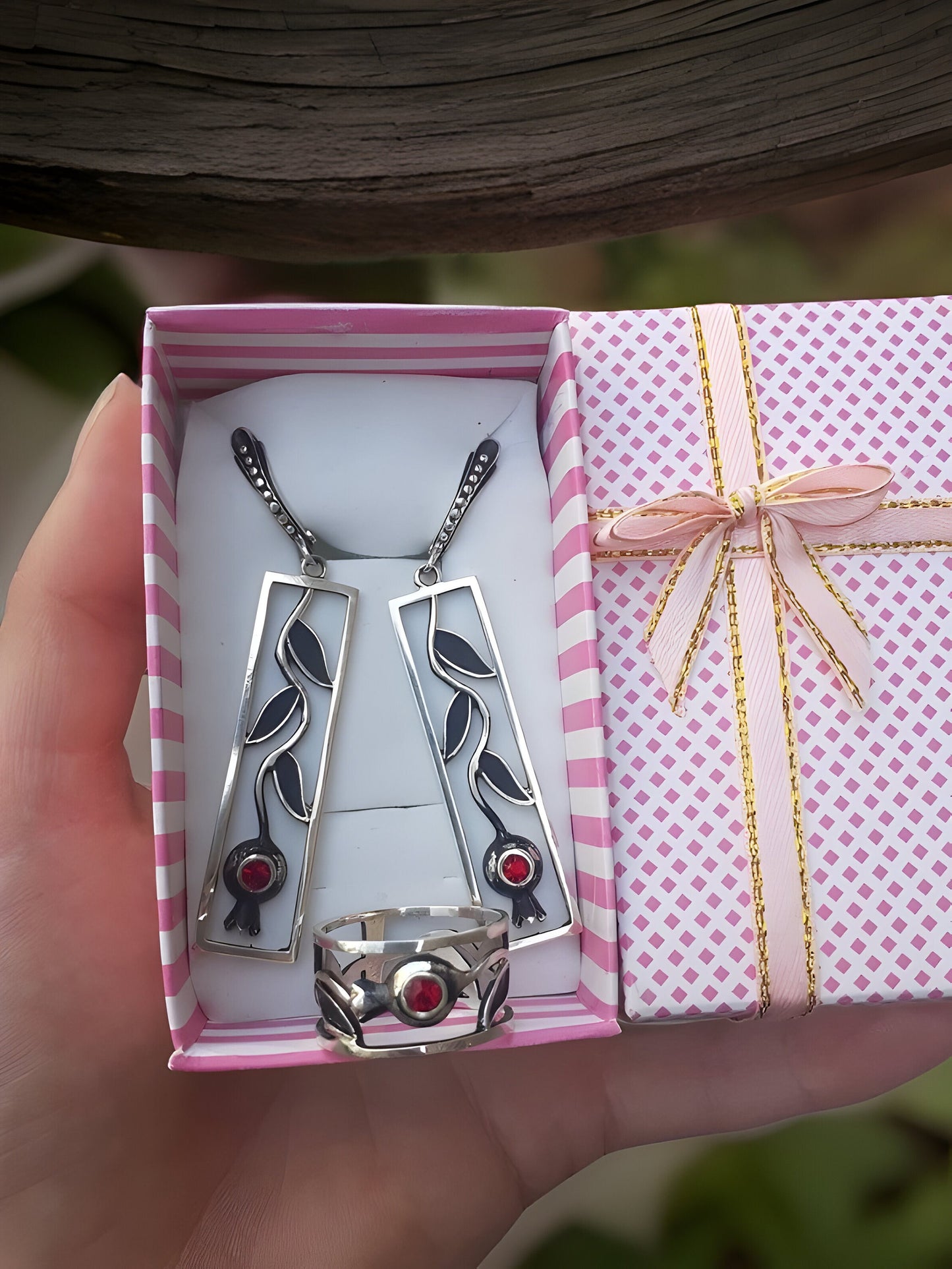 Armenian Pomegranate Sterling Silver Jewelry Set - Pomegranate Earrings, Pomegranate Ring - Armenian Gift - Handcrafted Pomegranate Jewelry