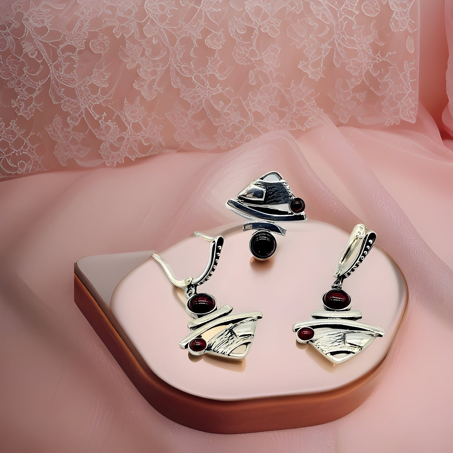 Modern Contemporary Armenian Pomegranate Sterling Silver Red Obsidian Jewelry Set - Armenian Gifts, Weddings, Cocktail - Ring and Earrings
