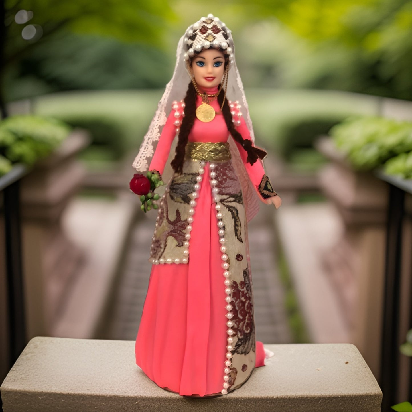 Armenian National Doll with Authentic Coral Taraz (national dress), Ornate Pendant Necklace Centerpiece, and Armenian Symbols and Motifs