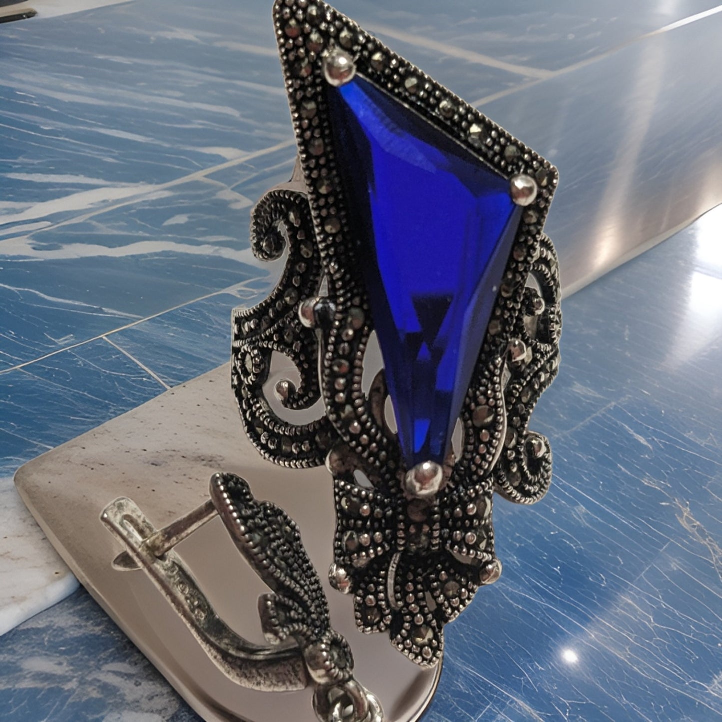 Midnight Blue and Royal Blue Sterling Silver Lace Ring and Earring Set - Medieval Royalty Jewelry - Armenian Silver Bow Queenly Set