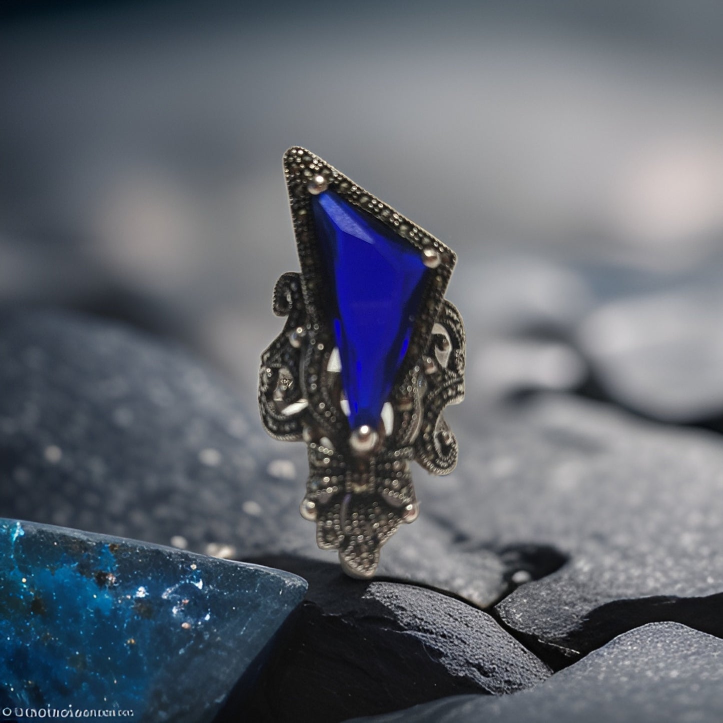 Midnight Blue and Royal Blue Sterling Silver Lace Ring and Earring Set - Medieval Royalty Jewelry - Armenian Silver Bow Queenly Set
