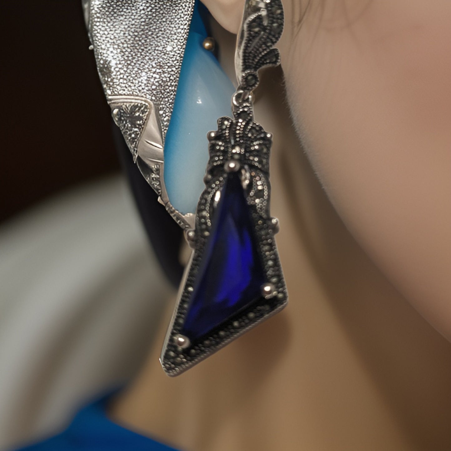 Midnight Blue and Royal Blue Sterling Silver Lace Ring and Earring Set - Medieval Royalty Jewelry - Armenian Silver Bow Queenly Set