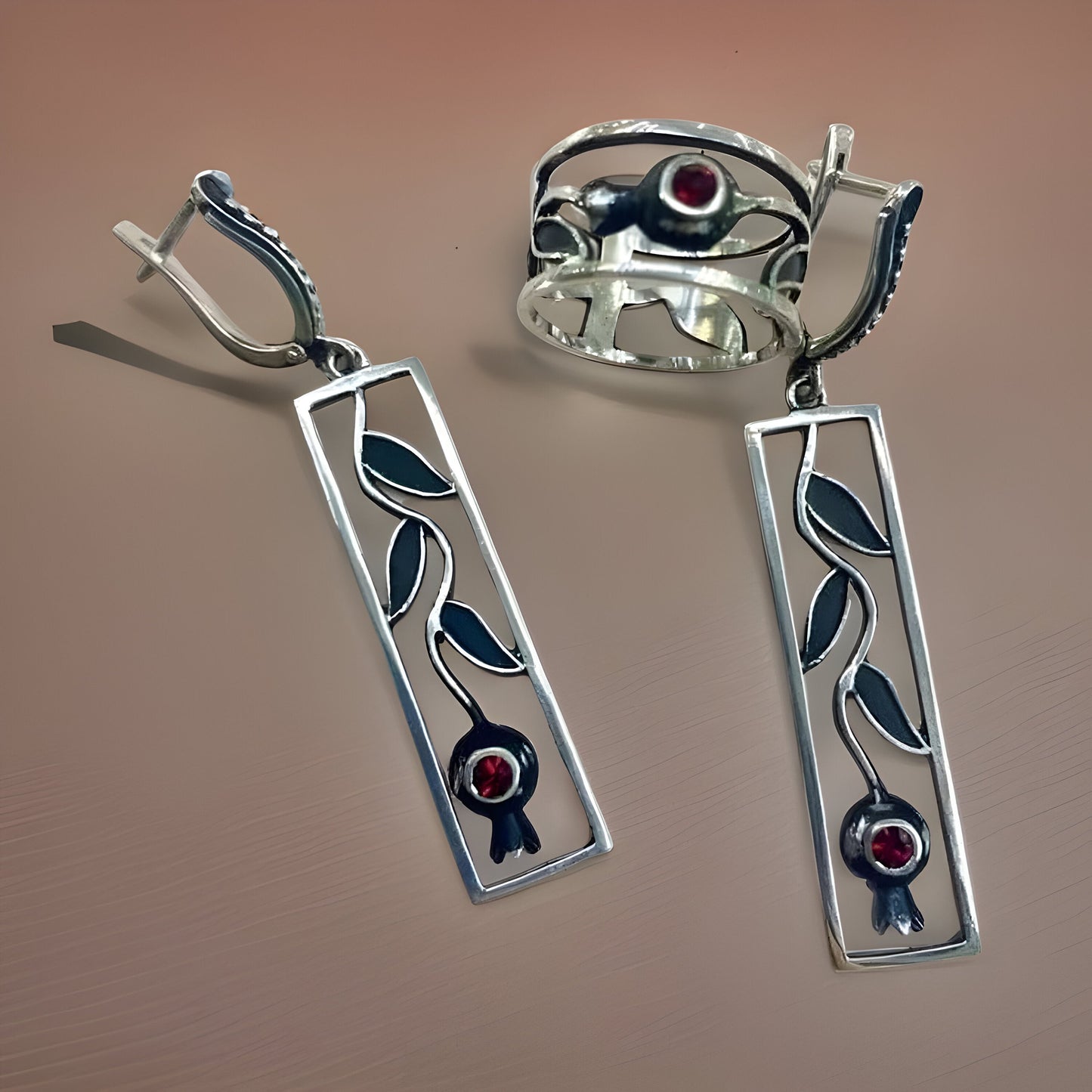 Armenian Pomegranate Sterling Silver Jewelry Set - Pomegranate Earrings, Pomegranate Ring - Armenian Gift - Handcrafted Pomegranate Jewelry