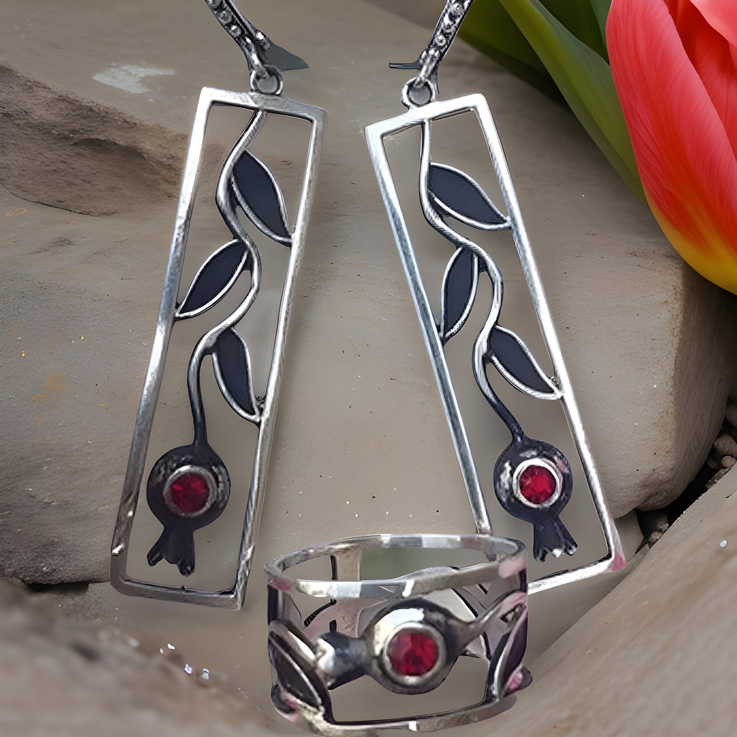 Armenian Pomegranate Sterling Silver Jewelry Set - Pomegranate Earrings, Pomegranate Ring - Armenian Gift - Handcrafted Pomegranate Jewelry