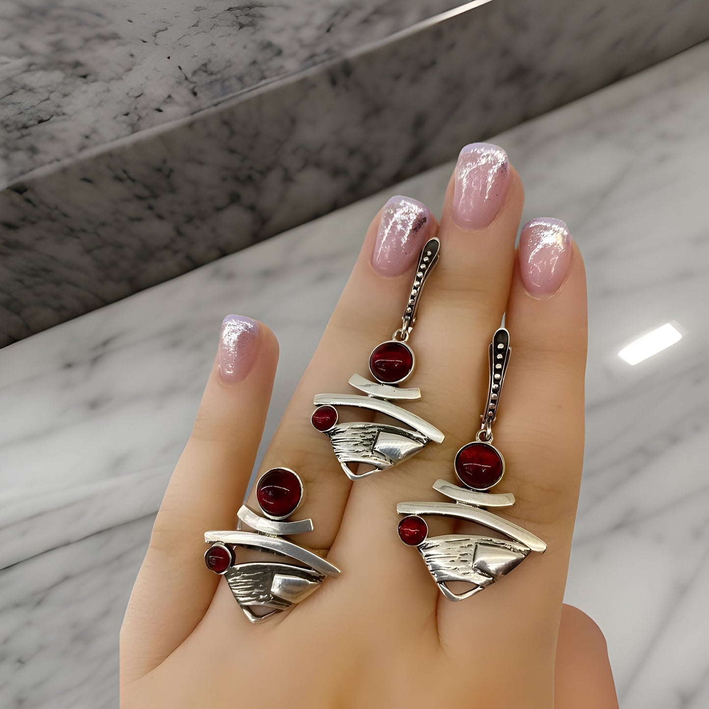 Modern Contemporary Armenian Pomegranate Sterling Silver Red Obsidian Jewelry Set - Armenian Gifts, Weddings, Cocktail - Ring and Earrings