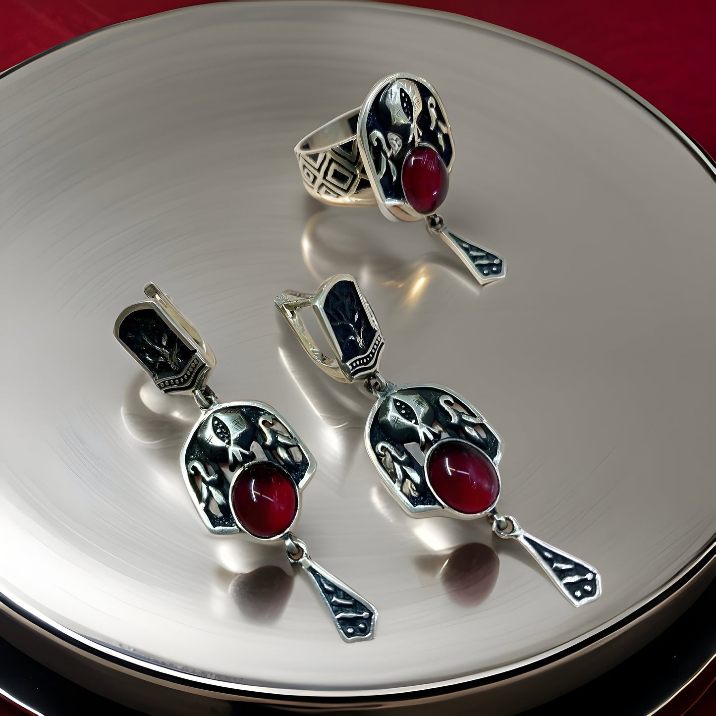 Armenian Sterling Silver Pomegranate Jewelry Set - Earrings and Ring - Medieval Inspired - Game of Thrones Lord of the Rings - Gift for Her