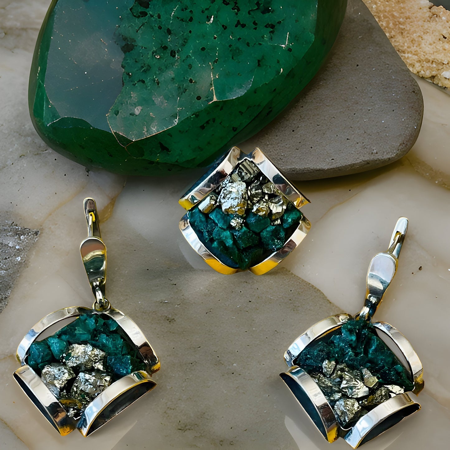Stunning Green Malachite Sterling Silver Jewelry Set - Bracelet Earrings and Ring - Natural Gemstone Collection
