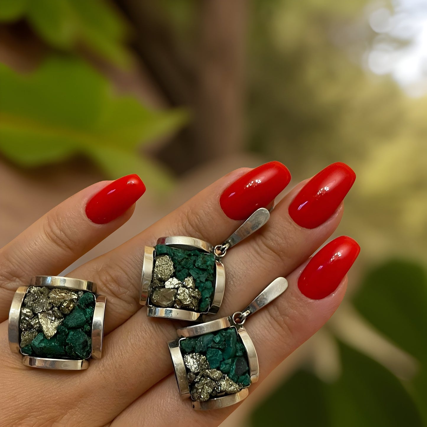 Stunning Green Malachite Sterling Silver Jewelry Set - Bracelet Earrings and Ring - Natural Gemstone Collection
