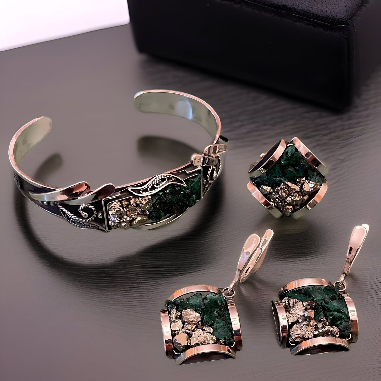 Stunning Green Malachite Sterling Silver Jewelry Set - Bracelet Earrings and Ring - Natural Gemstone Collection