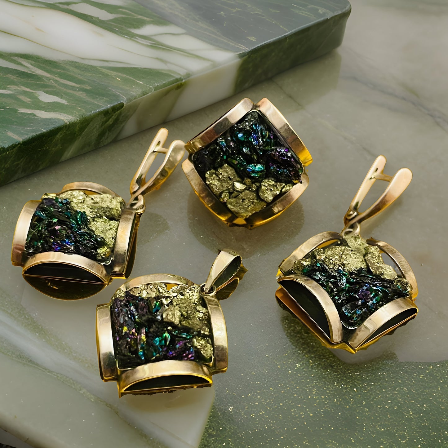 Stunning Green Malachite Sterling Silver Jewelry Set - Bracelet Earrings and Ring - Natural Gemstone Collection