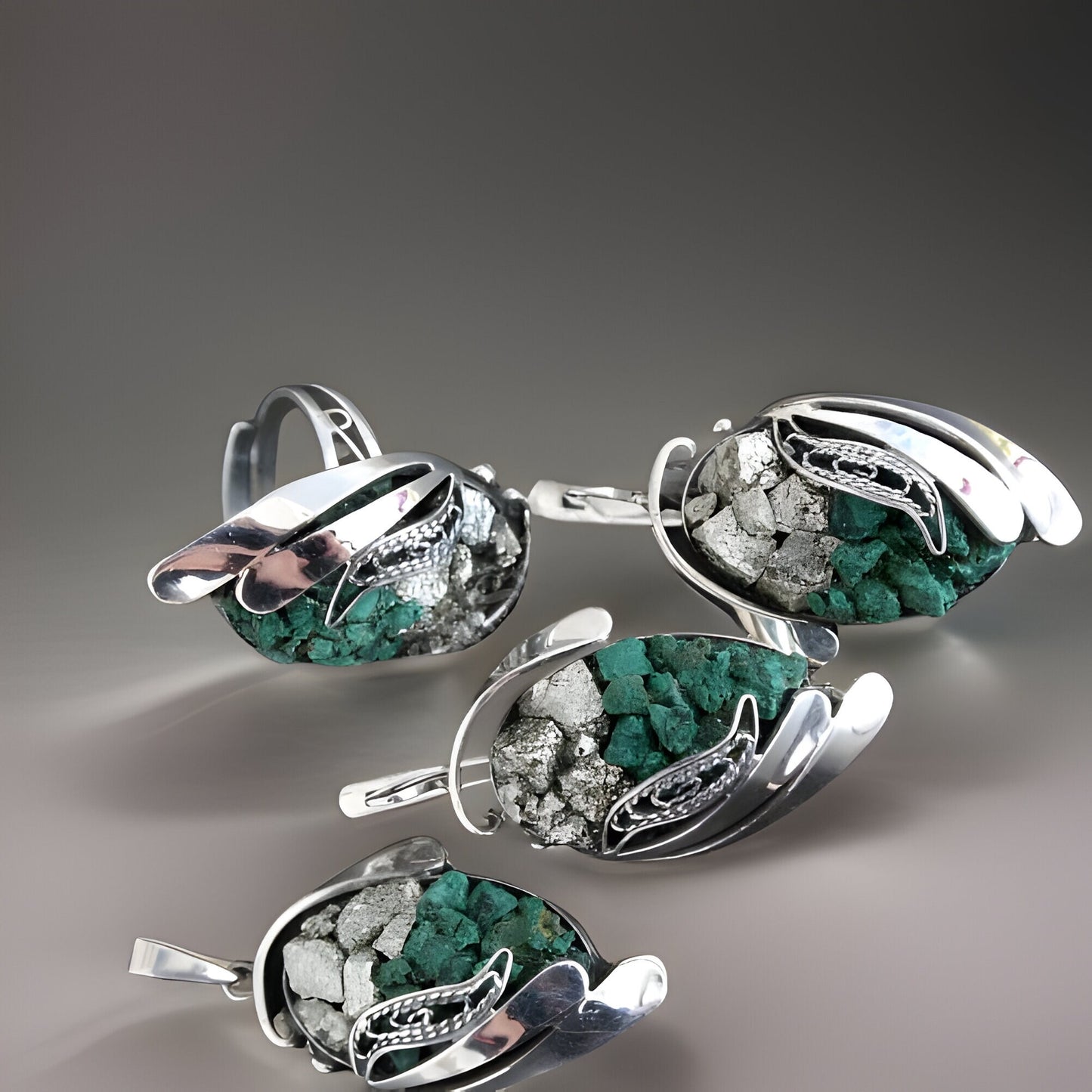 Raw Malachite Green Sterling Silver Teardrop Set - Natural Gemstone Earrings Rings and Bracelet - Happiness and Success Stone Jewelry