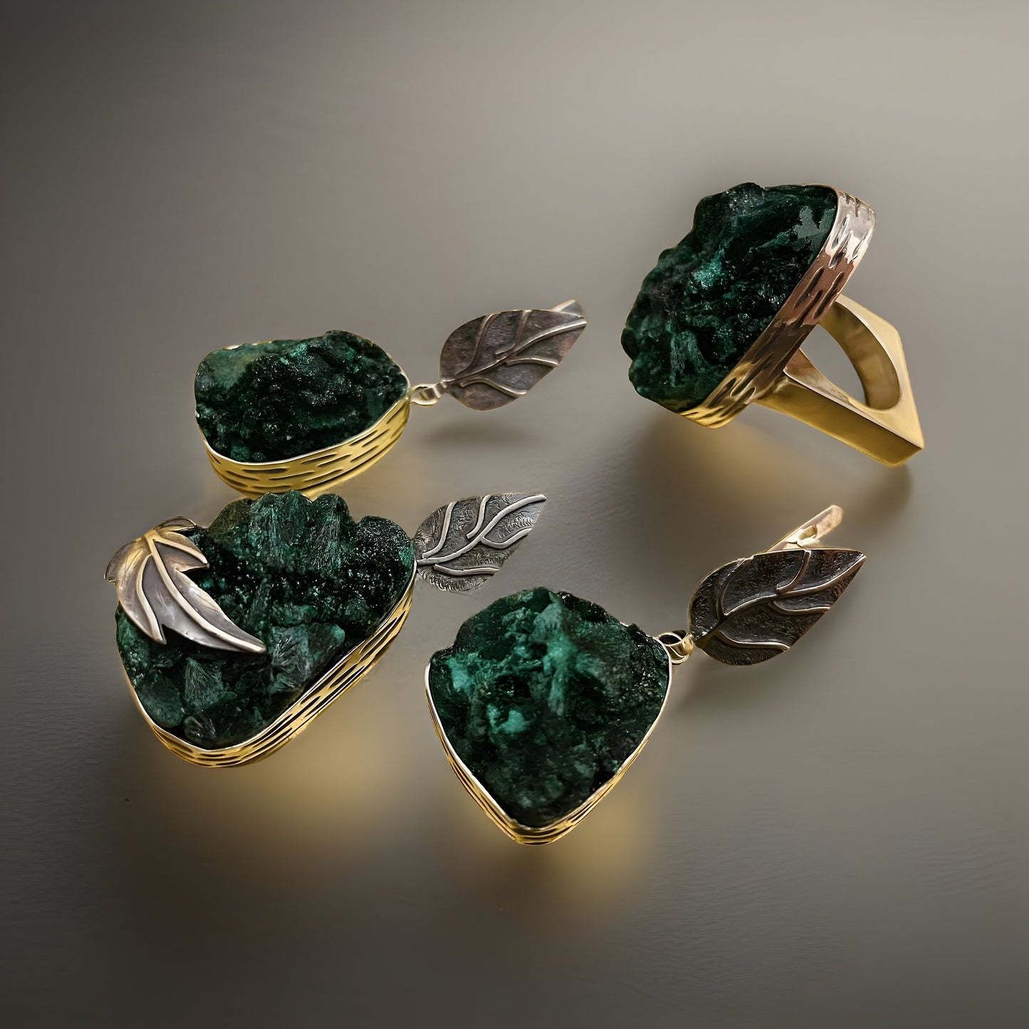 Raw Malachite Sterling Silver Set - Leaf Earrings Pendant and Ring - Natural Green Gemstone Jewelry