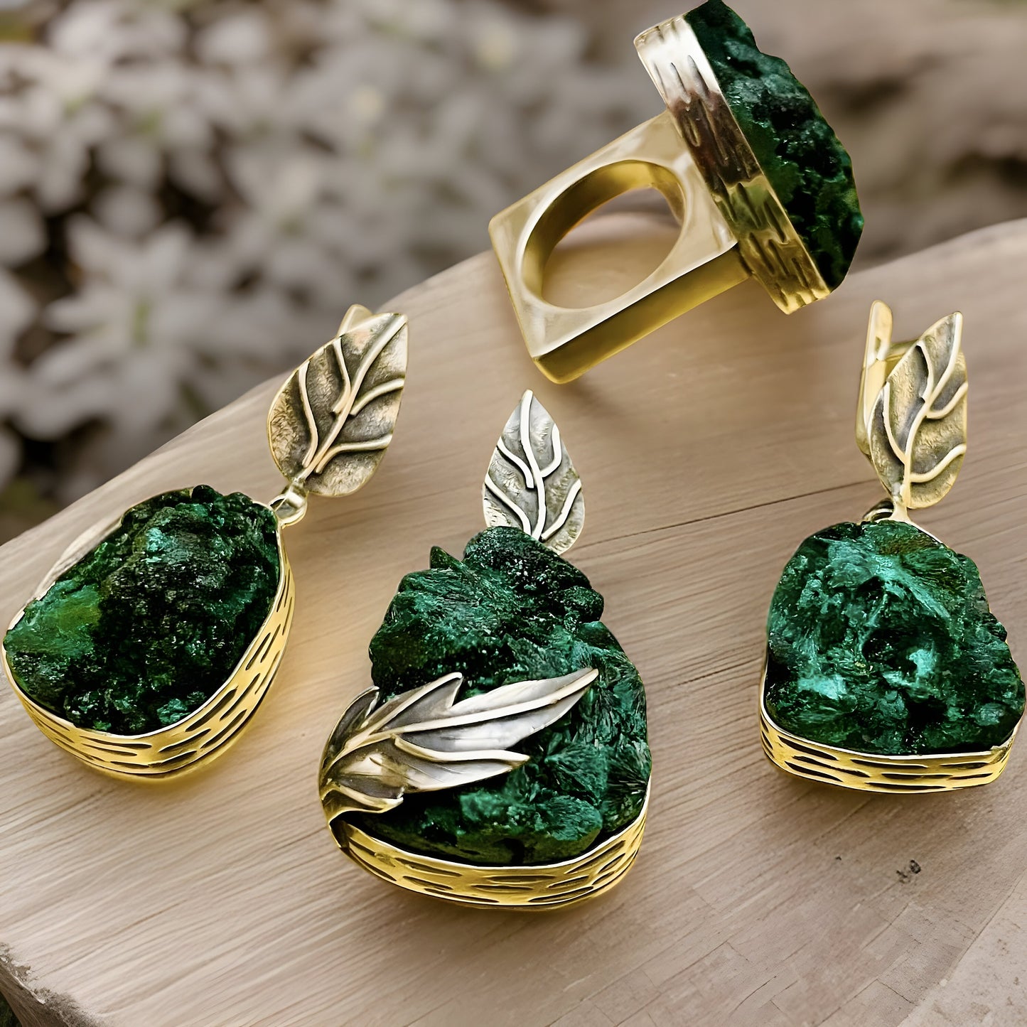 Raw Malachite Sterling Silver Set - Leaf Earrings Pendant and Ring - Natural Green Gemstone Jewelry