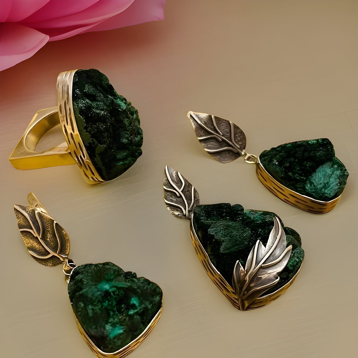 Raw Malachite Sterling Silver Set - Leaf Earrings Pendant and Ring - Natural Green Gemstone Jewelry
