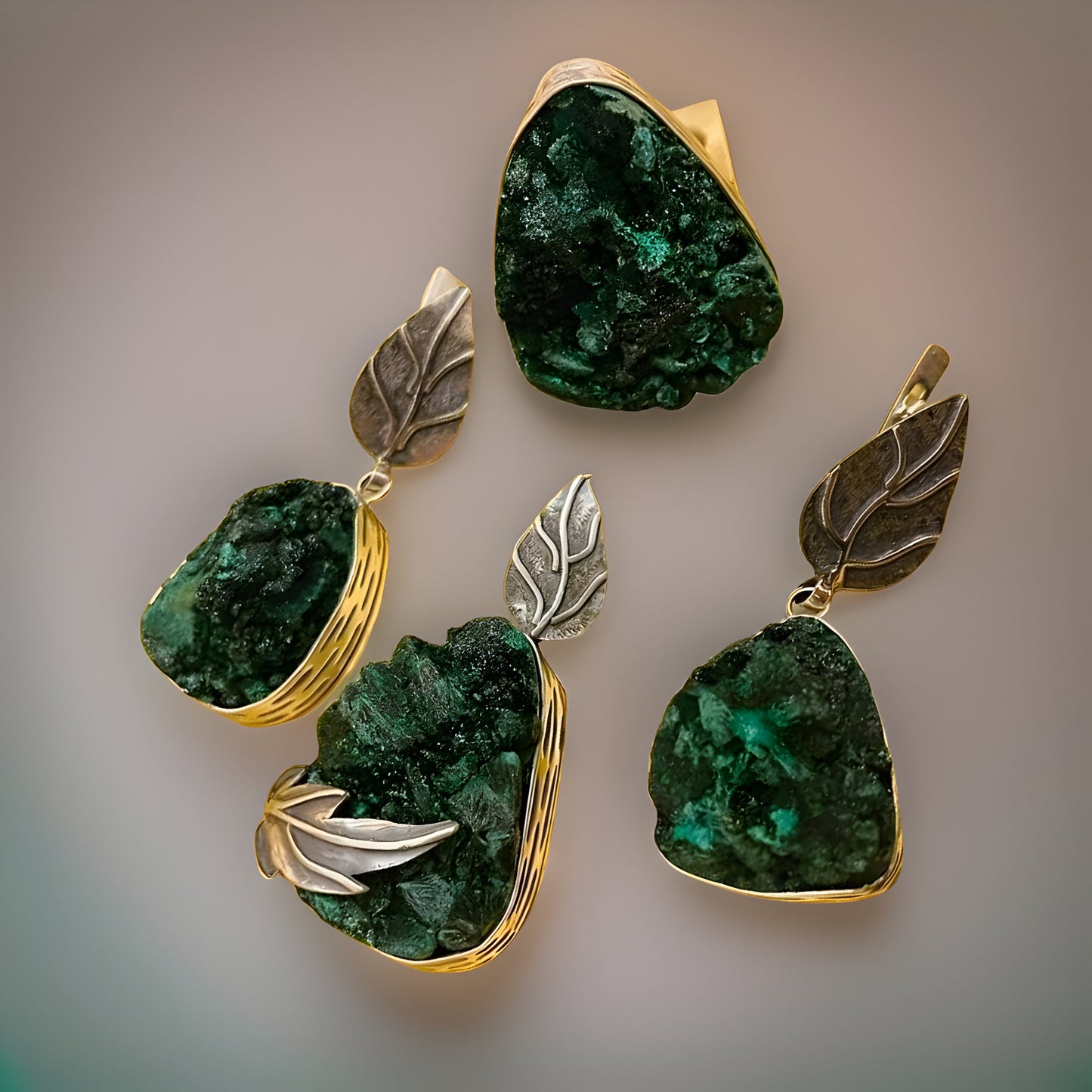 Raw Malachite Sterling Silver Set - Leaf Earrings Pendant and Ring - Natural Green Gemstone Jewelry