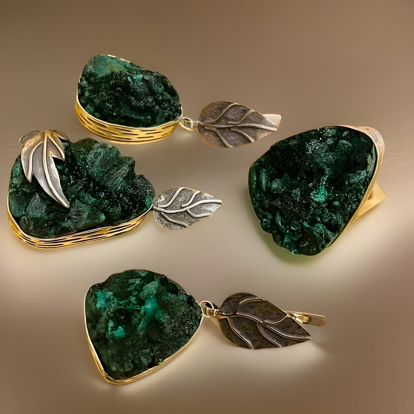 Raw Malachite Sterling Silver Set - Leaf Earrings Pendant and Ring - Natural Green Gemstone Jewelry
