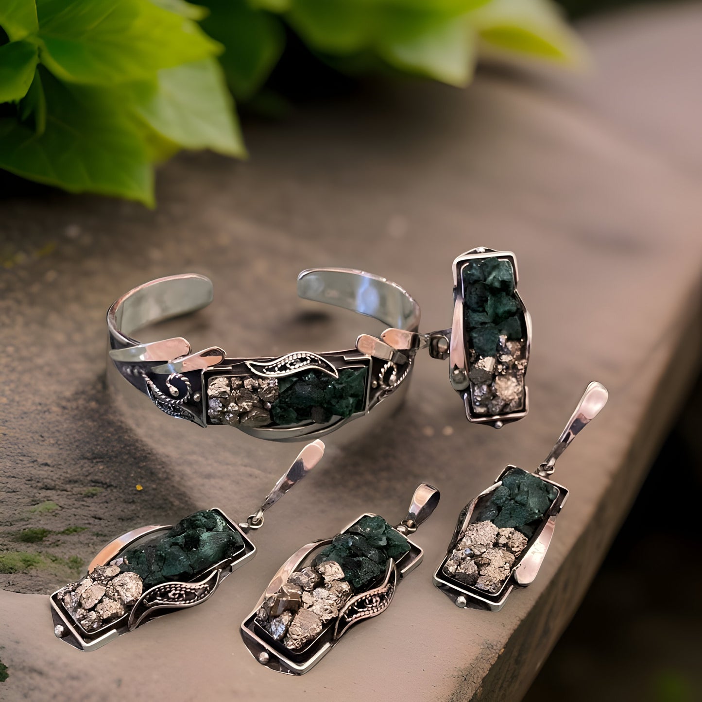 Stunning Malachite Sterling Silver Jewelry Set - Raw Green Stone Necklace Earrings Rings and Bracelet - Handcrafted Gemstone Accessories