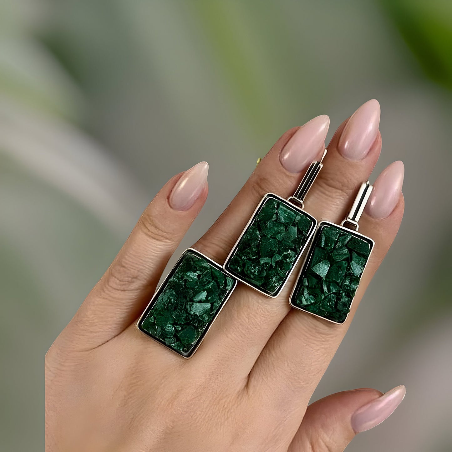 Contemporary Green Malachite Earrings and Ring Set - Sterling Silver Dangles - Natural Stone Jewelry