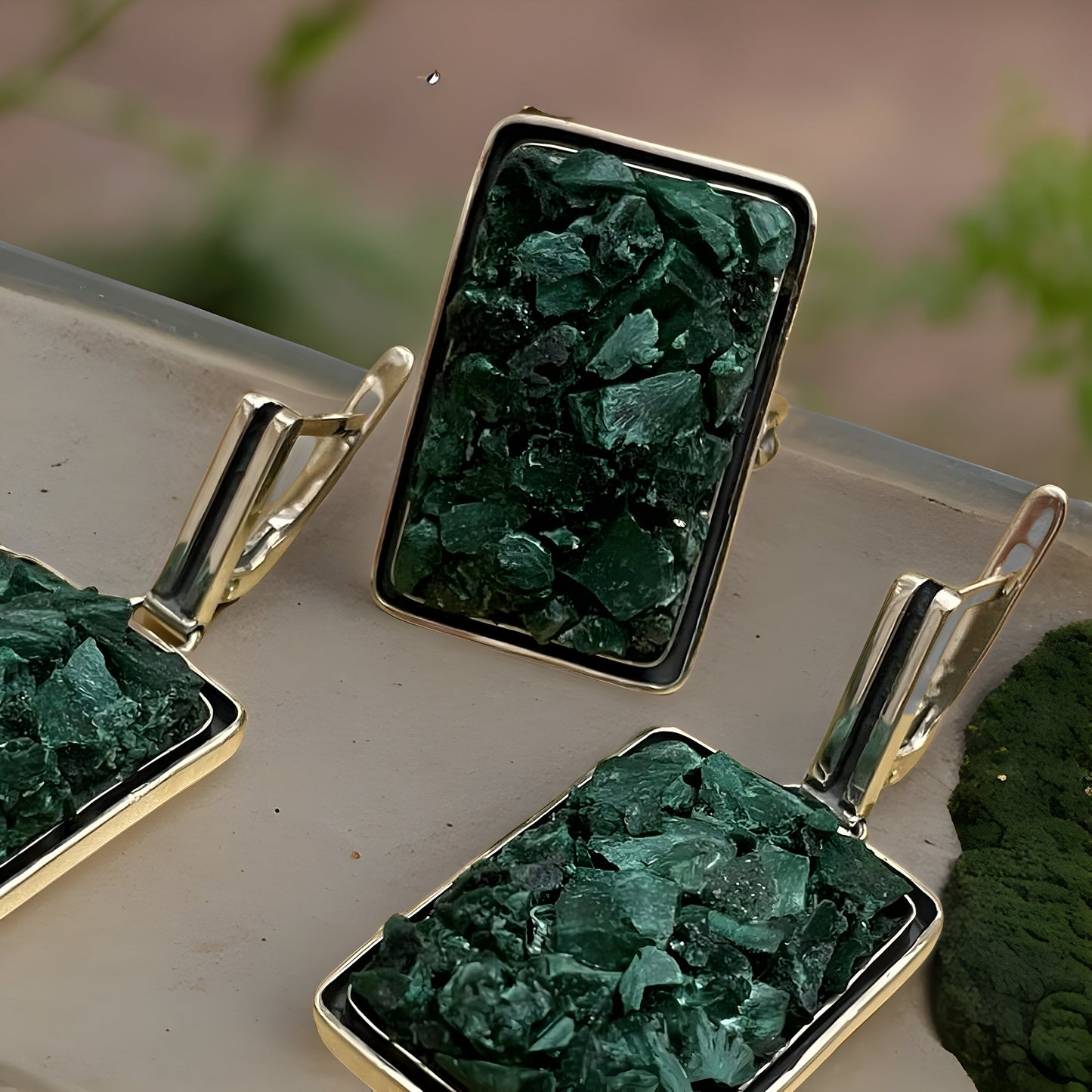 Contemporary Green Malachite Earrings and Ring Set - Sterling Silver Dangles - Natural Stone Jewelry