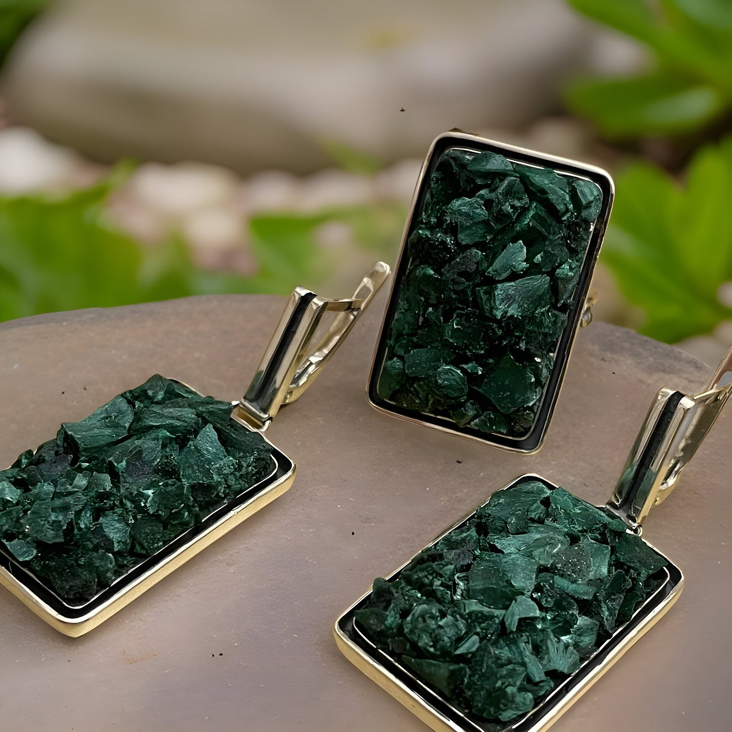 Contemporary Green Malachite Earrings and Ring Set - Sterling Silver Dangles - Natural Stone Jewelry